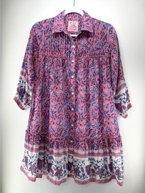 Sal Rosa  Pink & Blue Floral Button Front Mini Shirt Dress Small